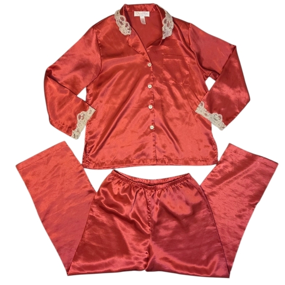 Oscar De La Renta Pink Label Silky Satin Coral Pink Lace 2 Piece Matching Set Pj - Picture 12 of 12